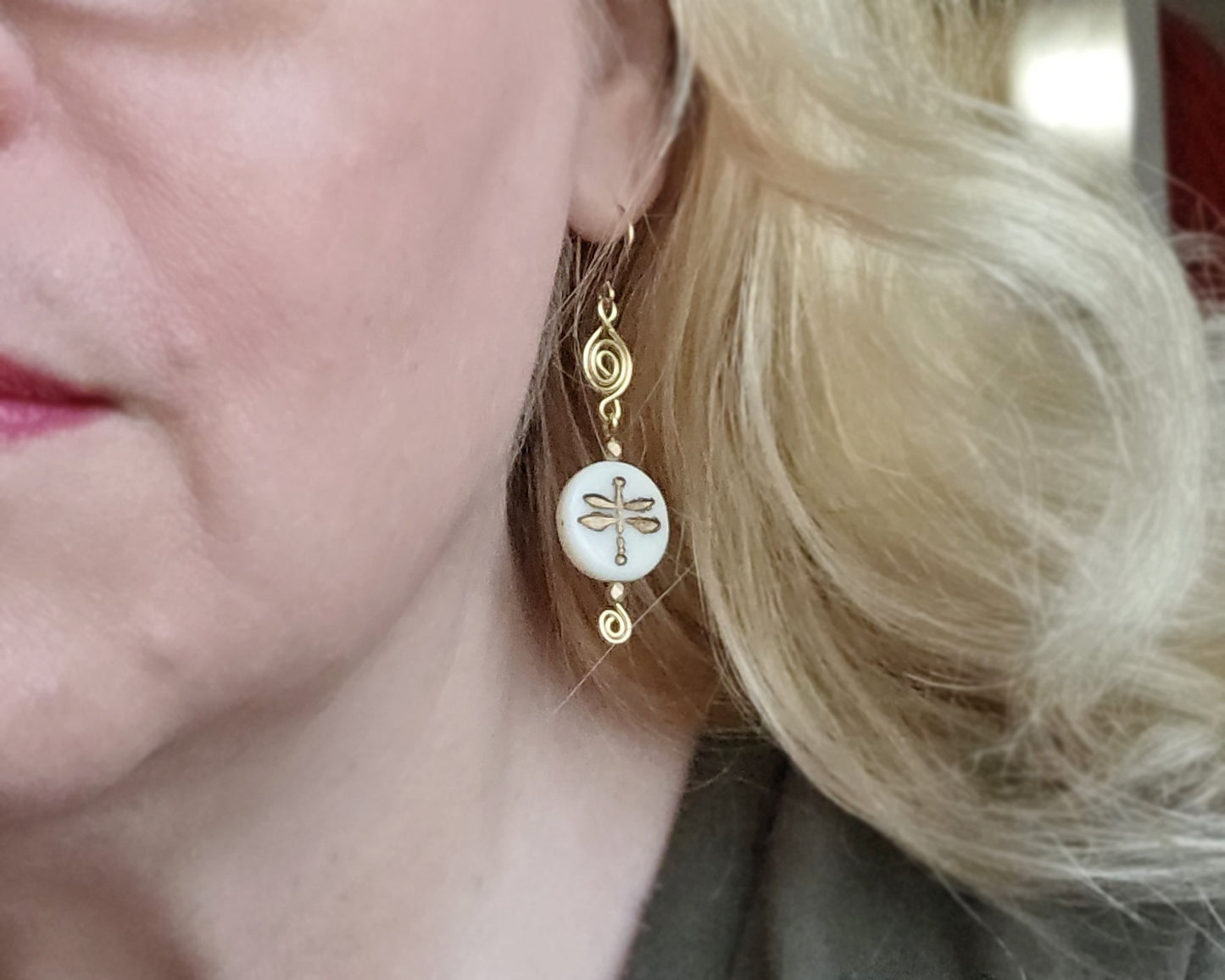 Long Celtic Golden Dragonfly Dangle Earrings-Brass