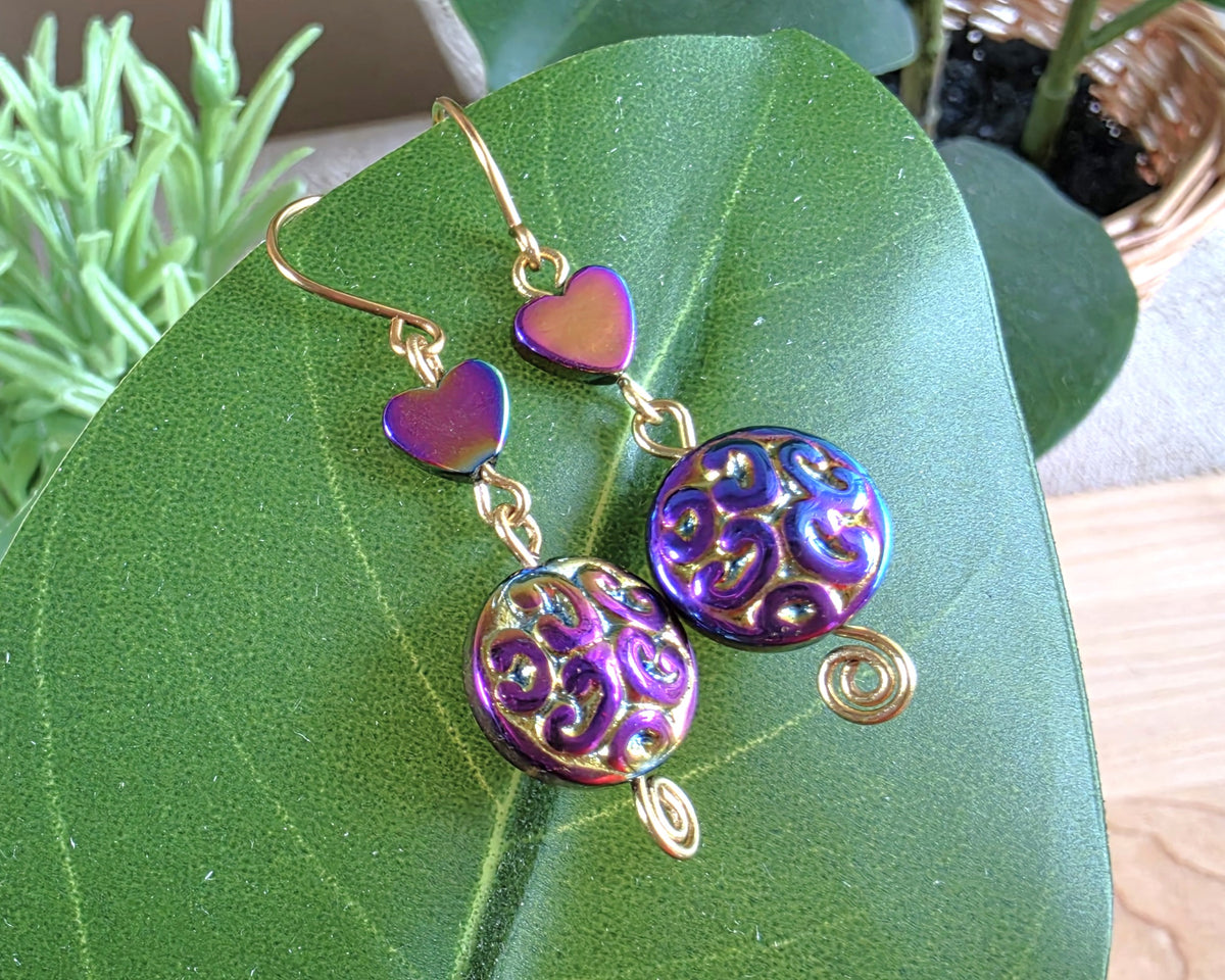 Long Celtic Multi Color Heart Dangle Earrings-Brass