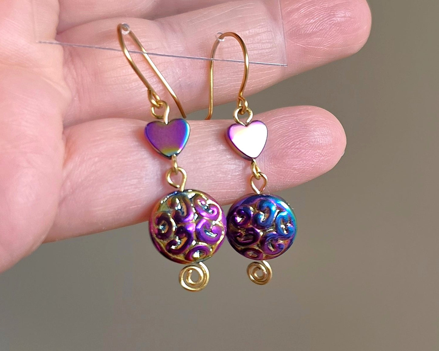 Long Celtic Multi Color Heart Dangle Earrings-Brass