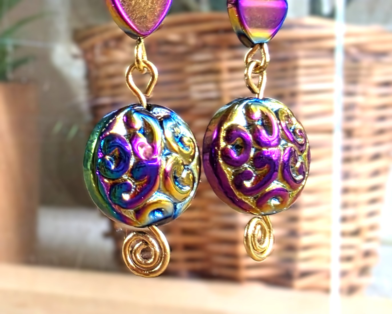 Long Celtic Multi Color Heart Dangle Earrings-Brass