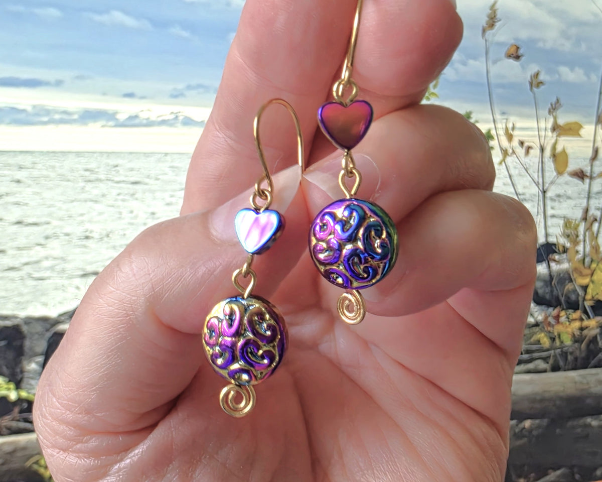 Long Celtic Multi Color Heart Dangle Earrings-Brass