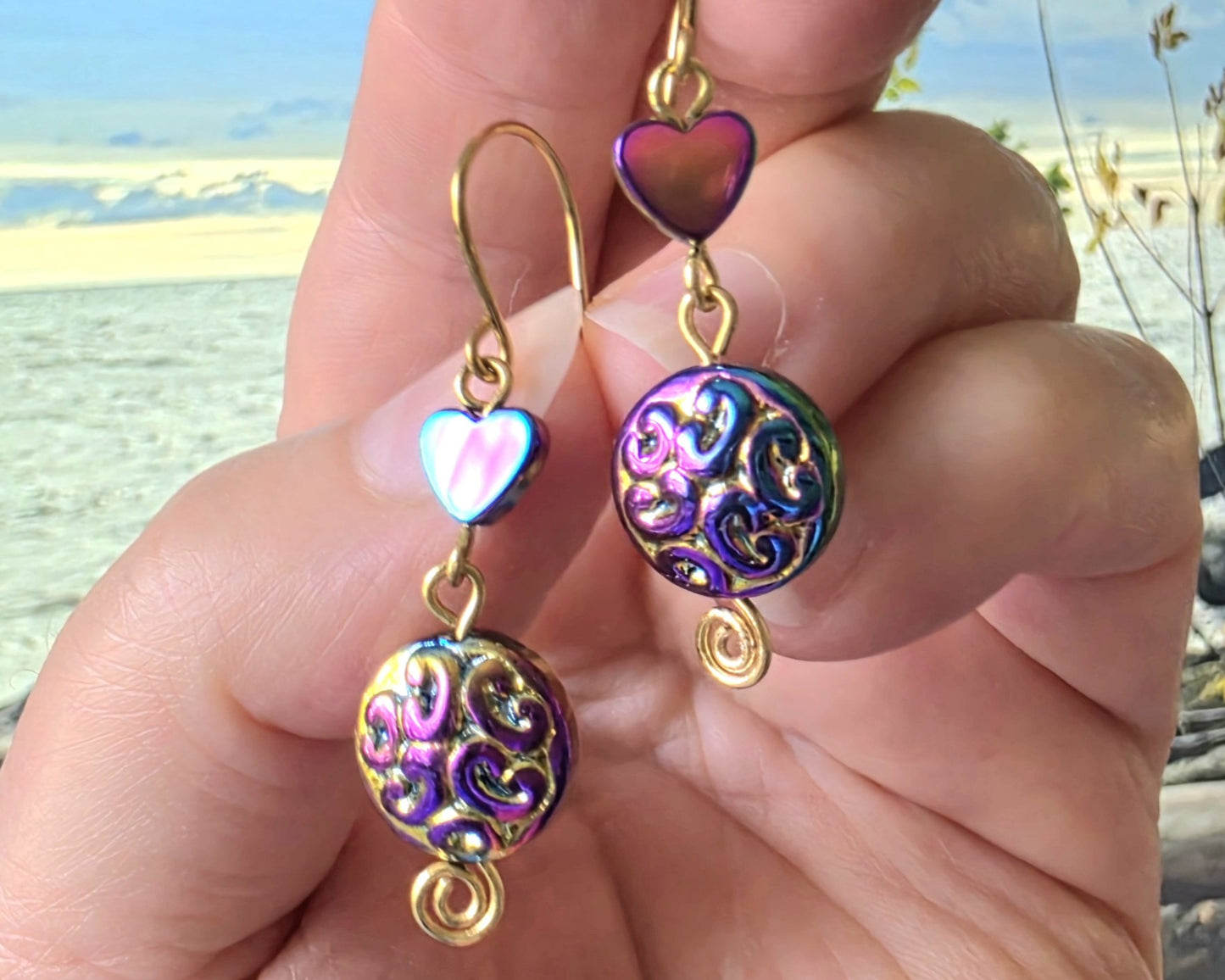Long Celtic Multi Color Heart Dangle Earrings-Brass