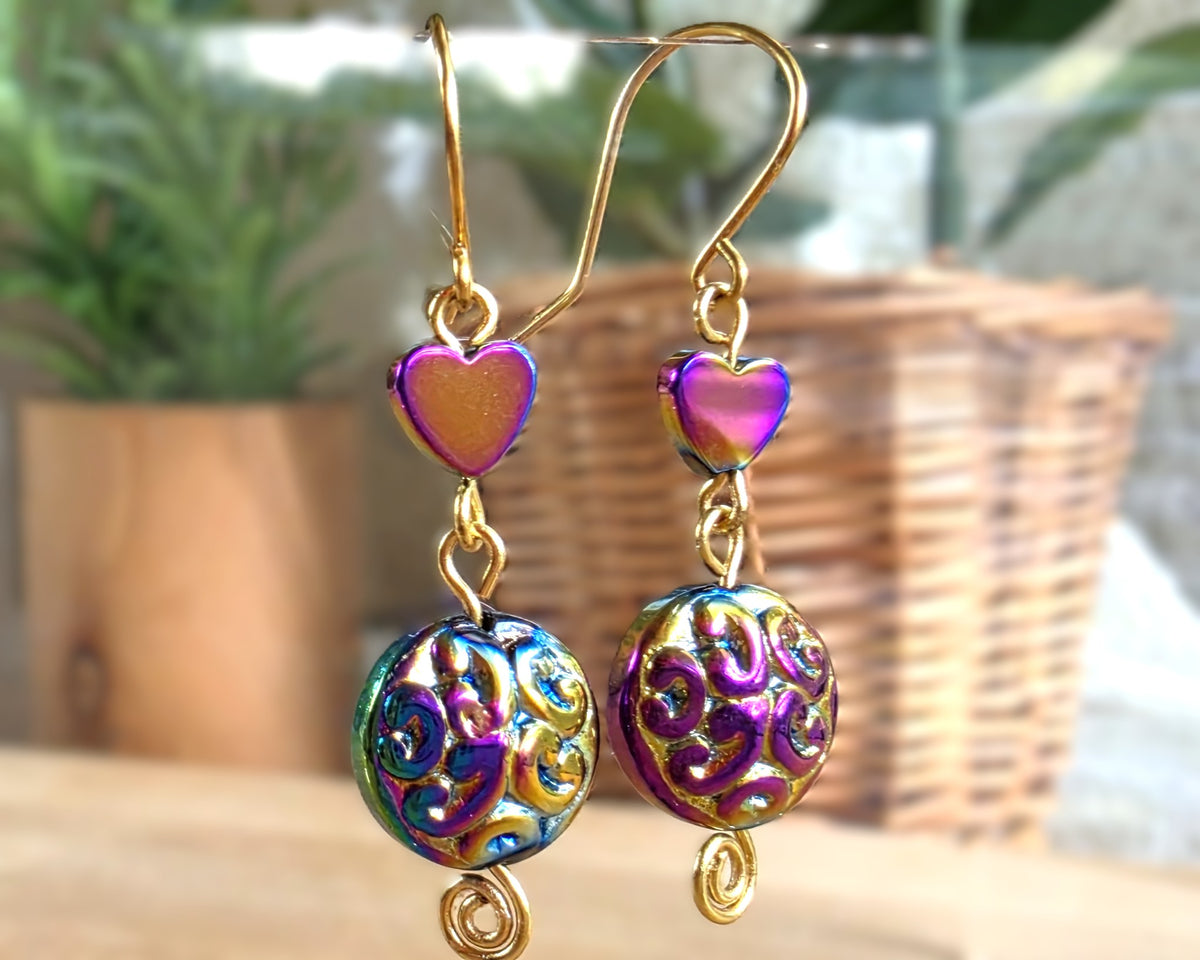 Long Celtic Multi Color Heart Dangle Earrings-Brass