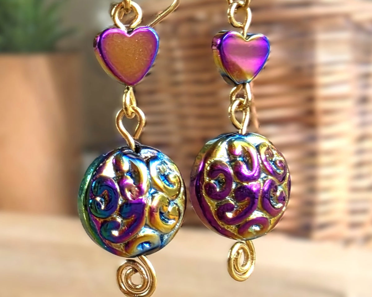 Long Celtic Multi Color Heart Dangle Earrings-Brass
