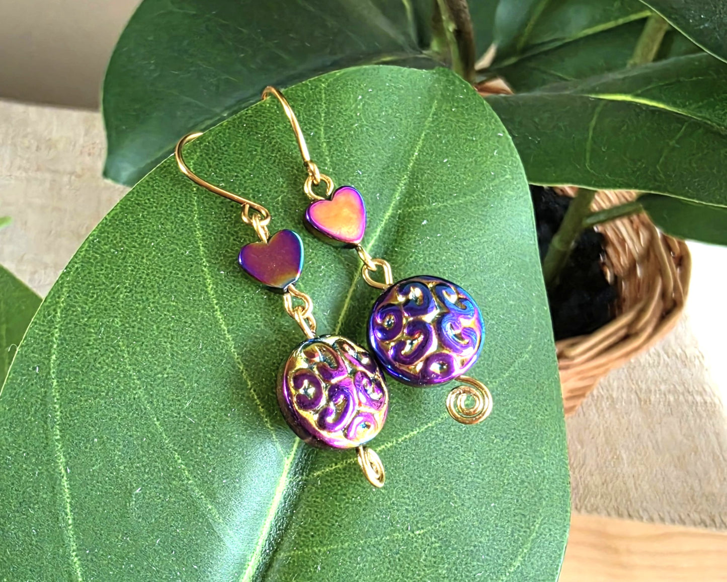 Long Celtic Multi Color Heart Dangle Earrings-Brass