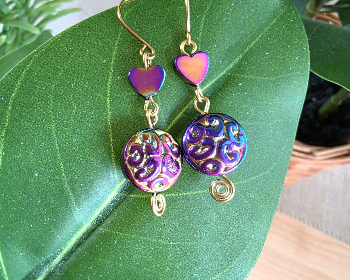 Long Celtic Multi Color Heart Dangle Earrings-Brass