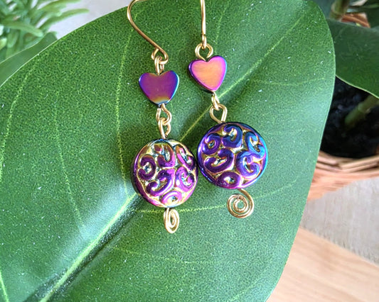 Long Celtic Multi Color Heart Dangle Earrings-Brass