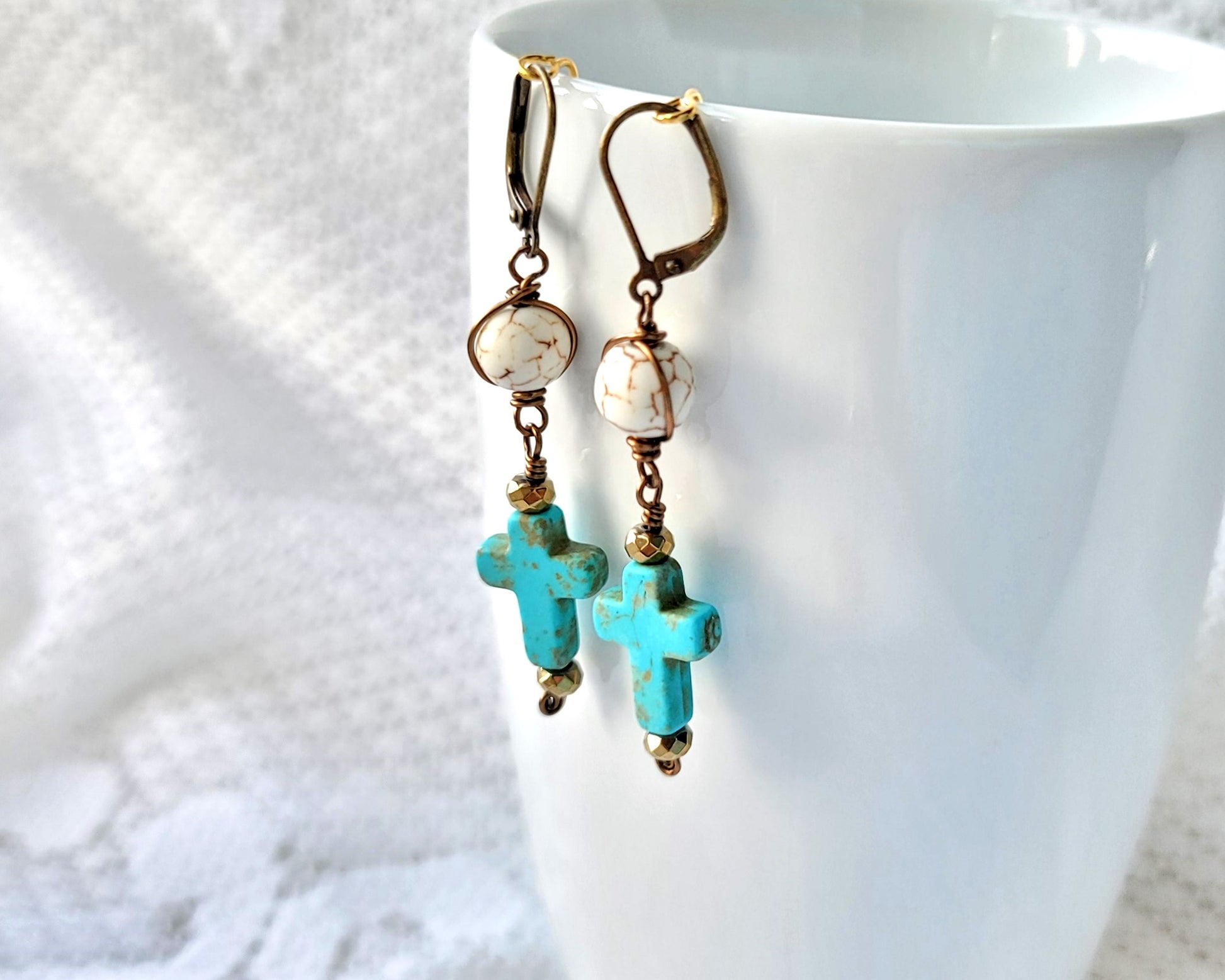 Long Boho Turquoise Cross Earrings, wire wrapped turquoise cross, white howlite and gold hematite beads