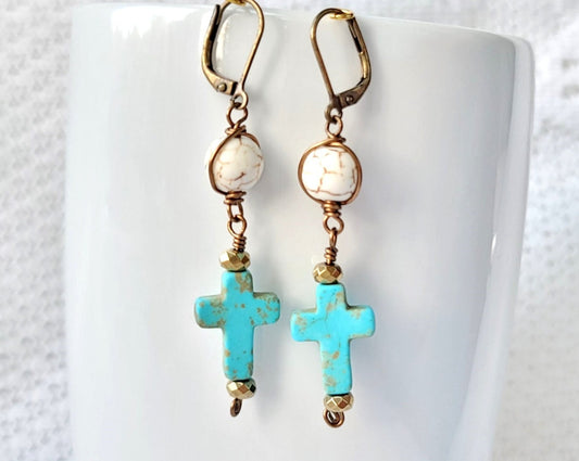 Long Boho Turquoise Cross Earrings, wire wrapped turquoise cross, white howlite and gold hematite beads