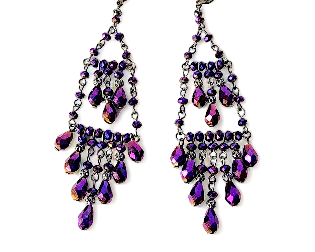 Long Victorian Inspired Purple Sparkle Chandelier Earrings, Extra Long Purple Crystal Earrings with black shinny Gun metal