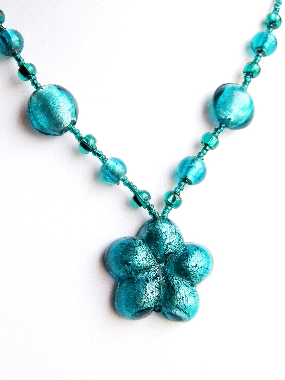 Luminous Teal Flower Necklace and Dangle Earring Set, a beaded teal, blue foil glass flower Necklace 
