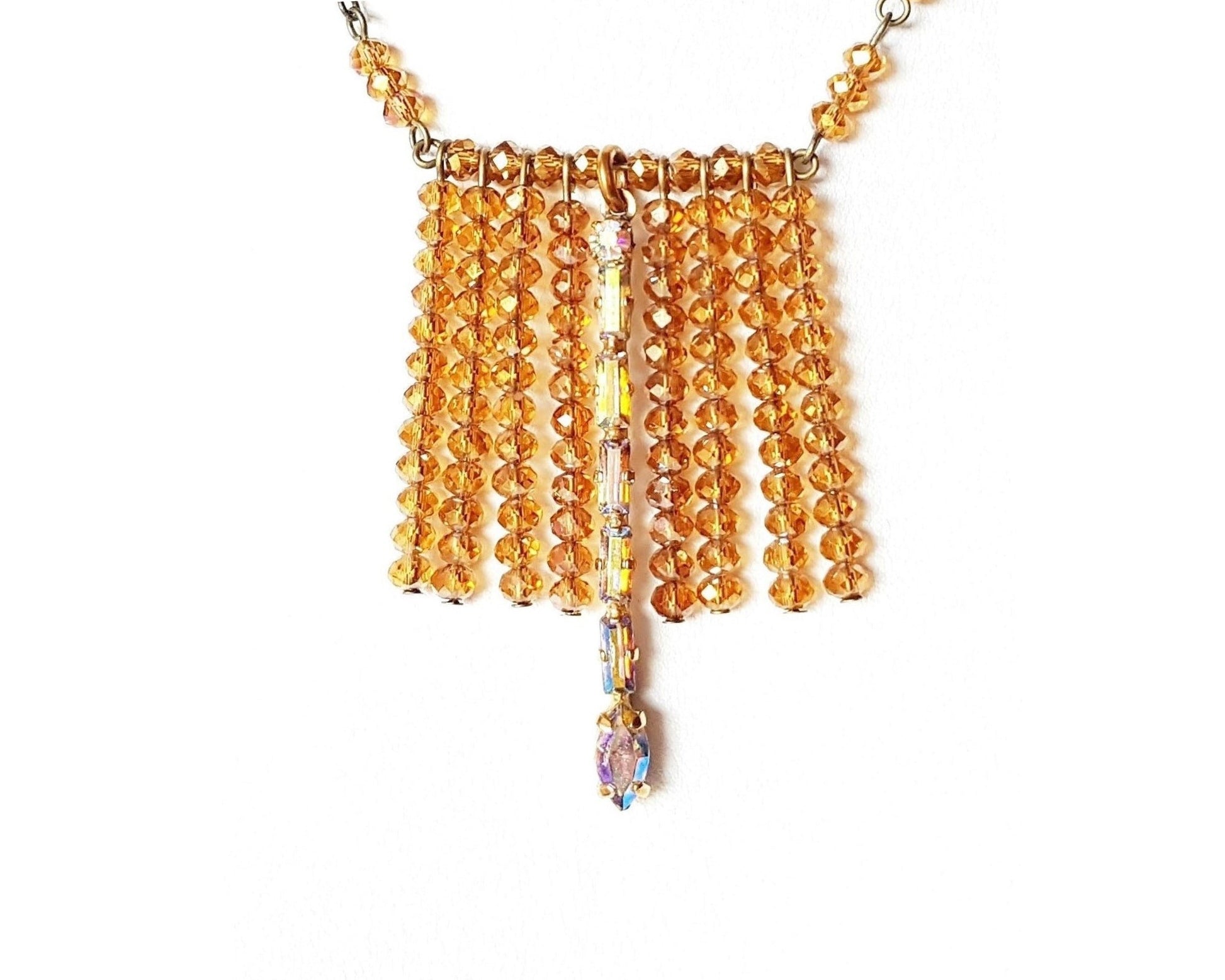 Eco Golden Crystal Fringe Necklace, Vintage inspired necklace with fringe of gold AB crystal and Vintage AB crystal on Antiqued Brass / Bonze finished metal. 