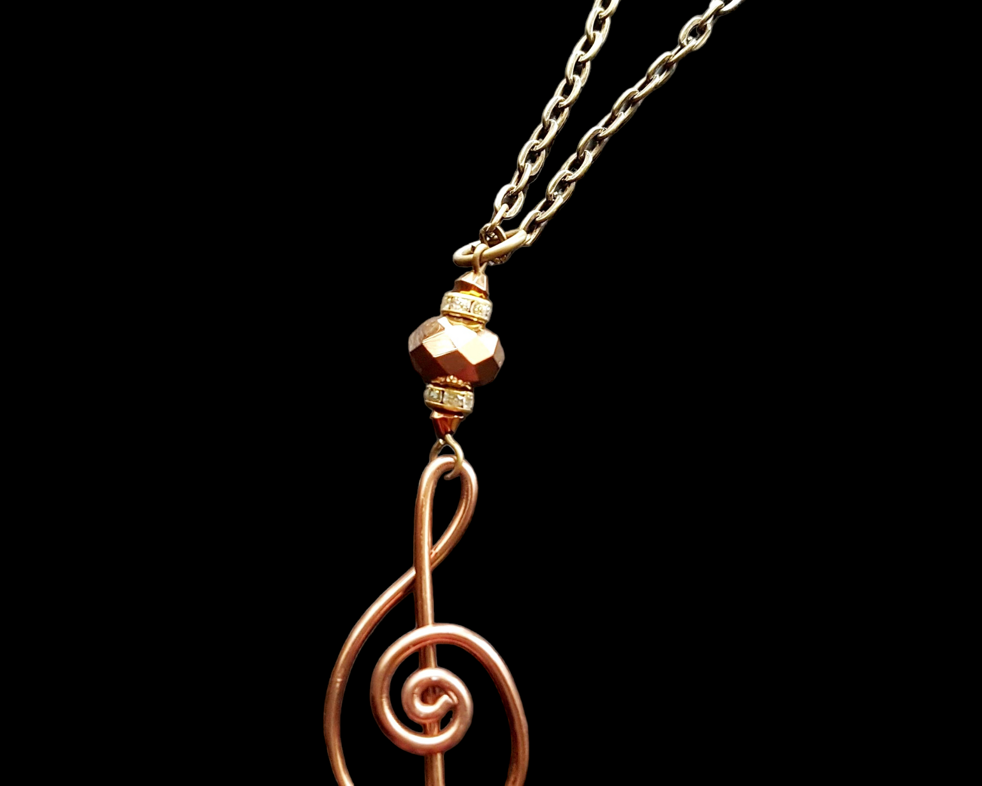 Large Romance Treble Clef Pendant on Long Chain with Bronze Treble cleft, Gold Crystal, on a Long Chain
