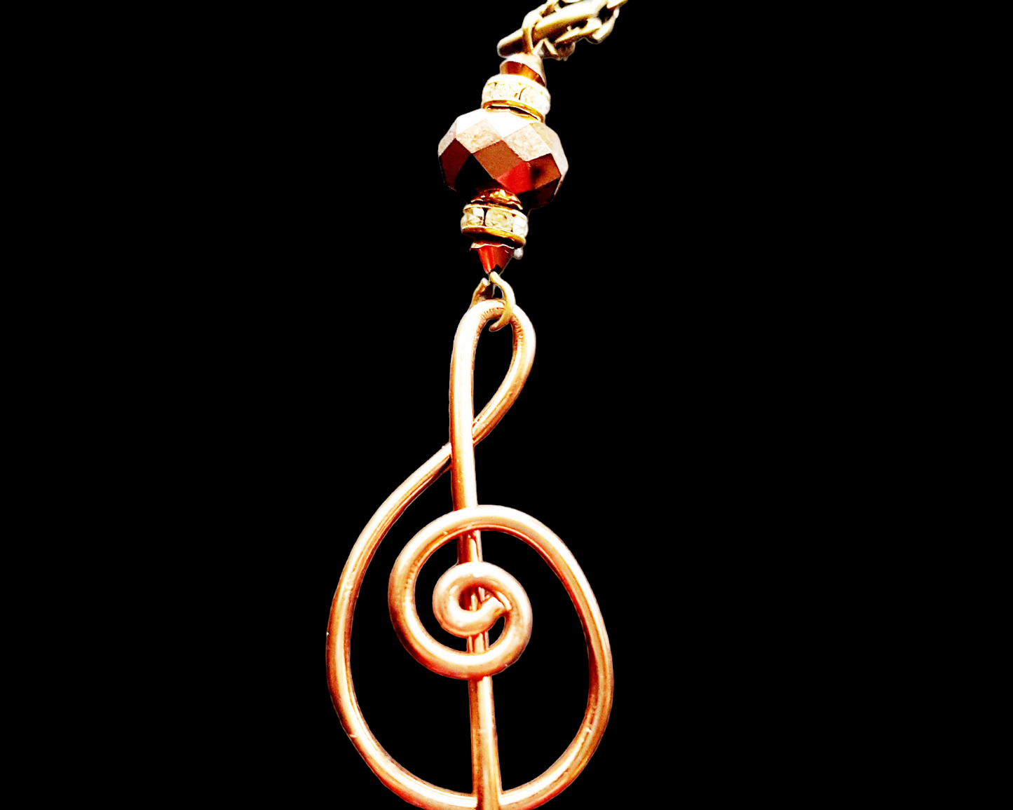 Warm Romance Treble Clef Pendant Necklace with Bronze Treble cleft, Gold Crystal, on a Long Chain