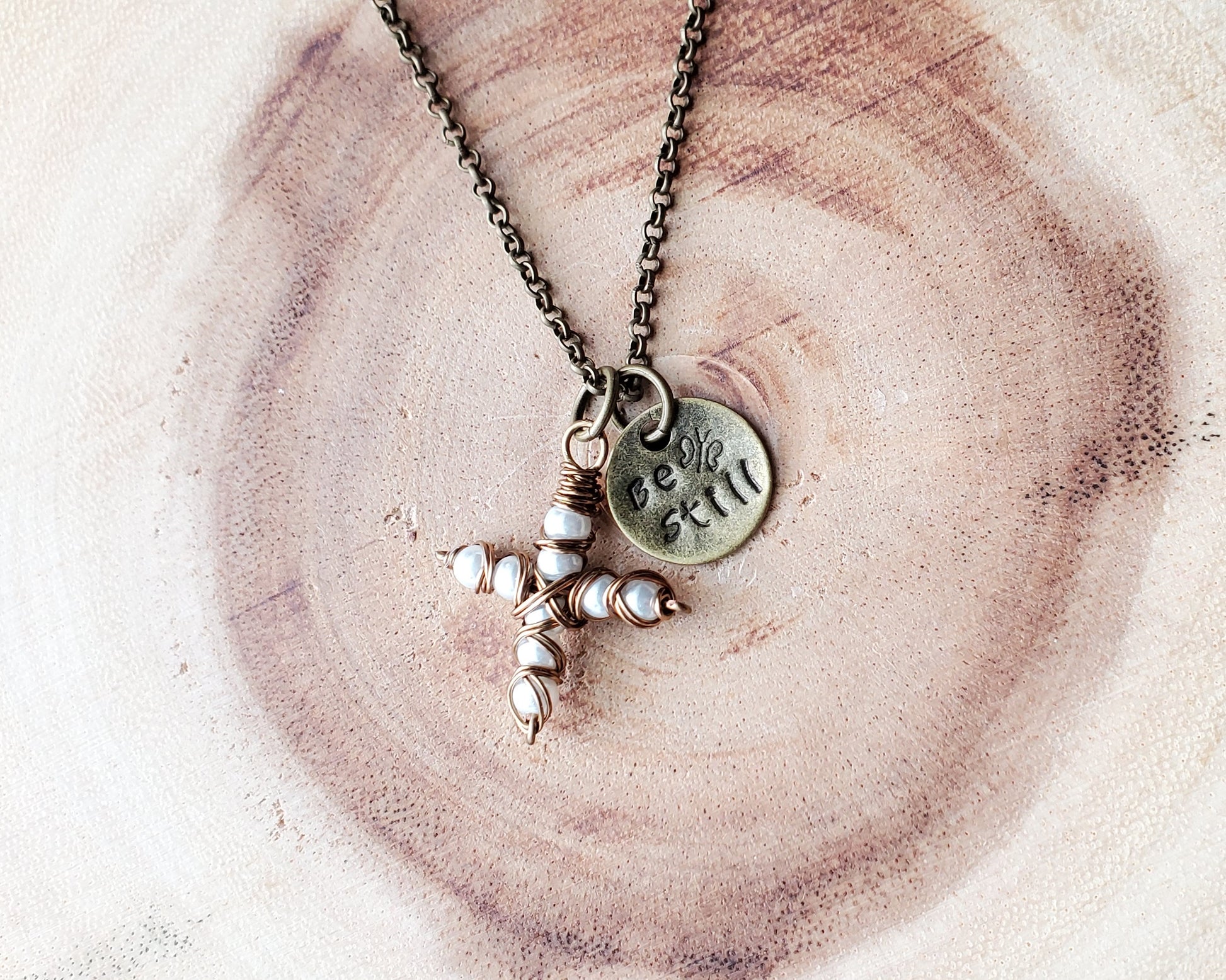 Be Still, Pearl Cross, Butterfly Necklace, Antiqued Brass