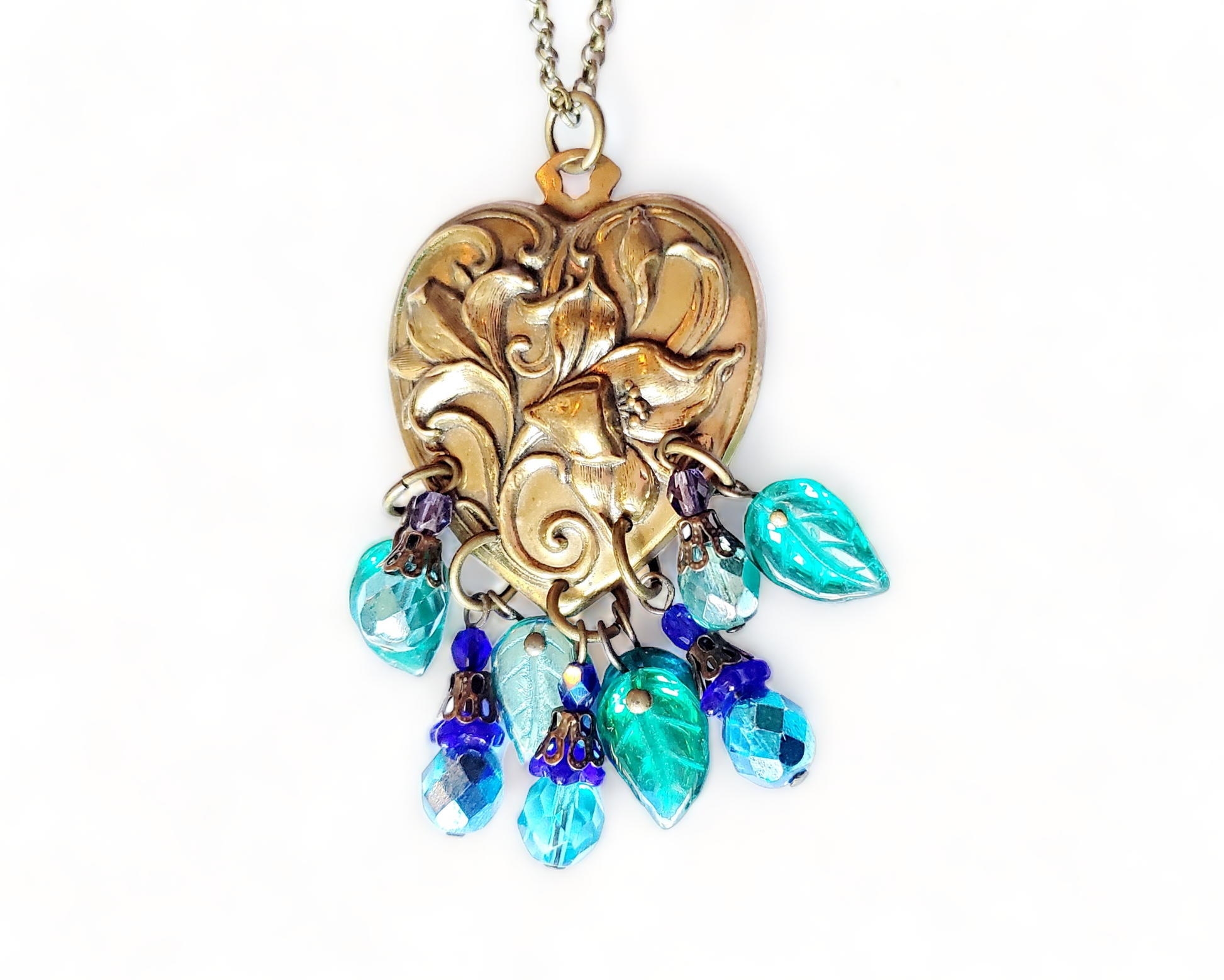 Victorian Romance Floral Heart Necklace-Antique Style, Upcycled Vintage Heart Pendant with sparkly green and blue  Czech Glass Leaves and Flowers