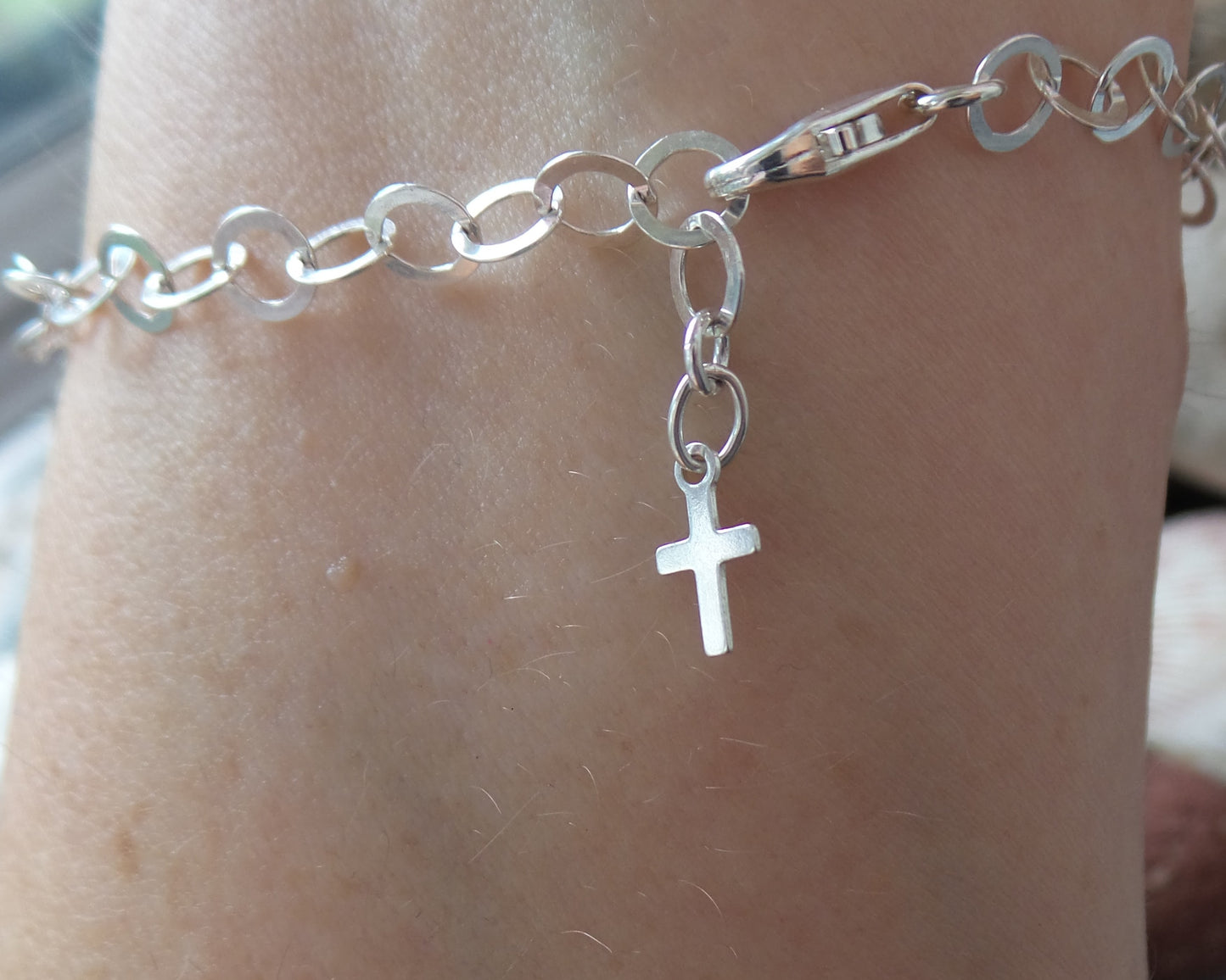 Pearl Trinity Cross Bracelet-Adjustable, Sterling Silver-Small Cross Dangle and Lobster Claw Clasp