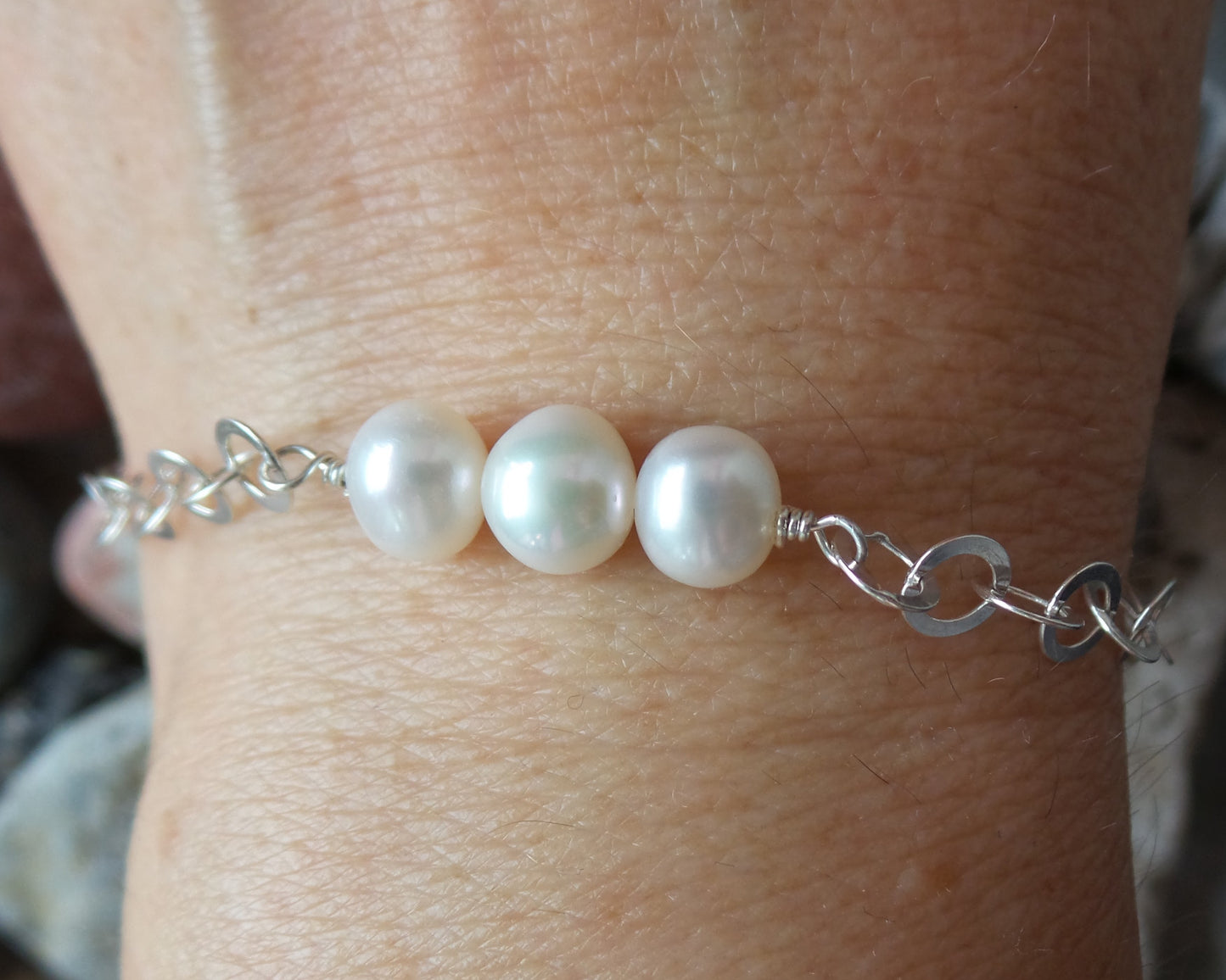 Pearl Trinity Cross Bracelet-Adjustable, Three White Freshwater Cultured Pearls-Sterling Silver