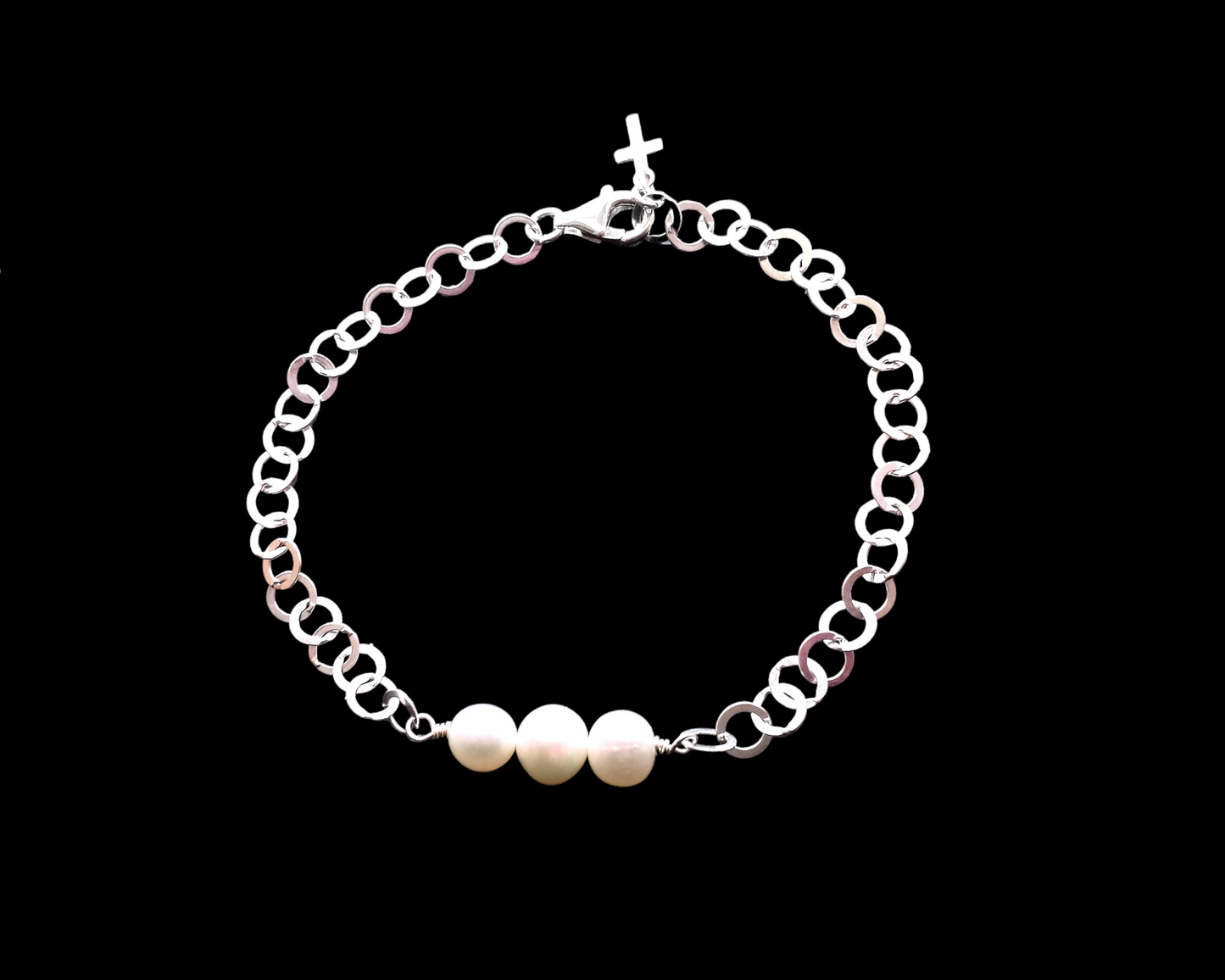 Pearl Trinity Cross Bracelet-Adjustable, Three White Freshwater Cultured Pearls-Sterling Silver-Small Cross Dangle and Lobster Claw Clasp