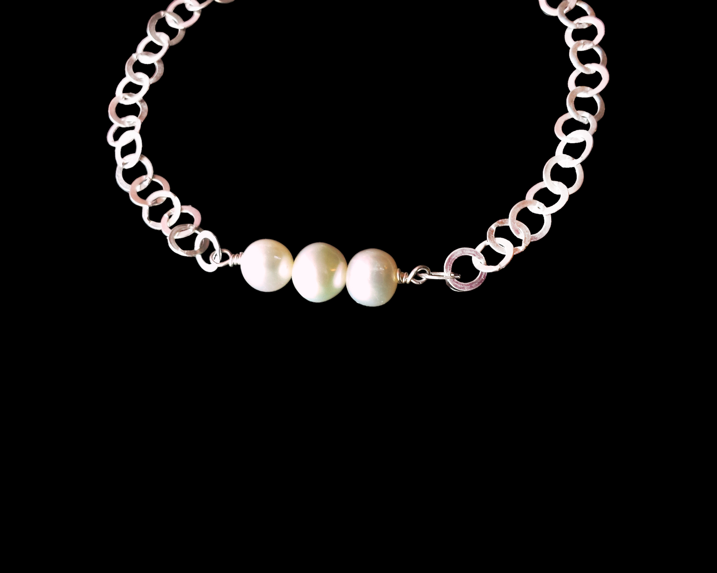 Pearl Trinity Cross Bracelet-Adjustable, Three White Freshwater Cultured Pearls-Sterling Silver