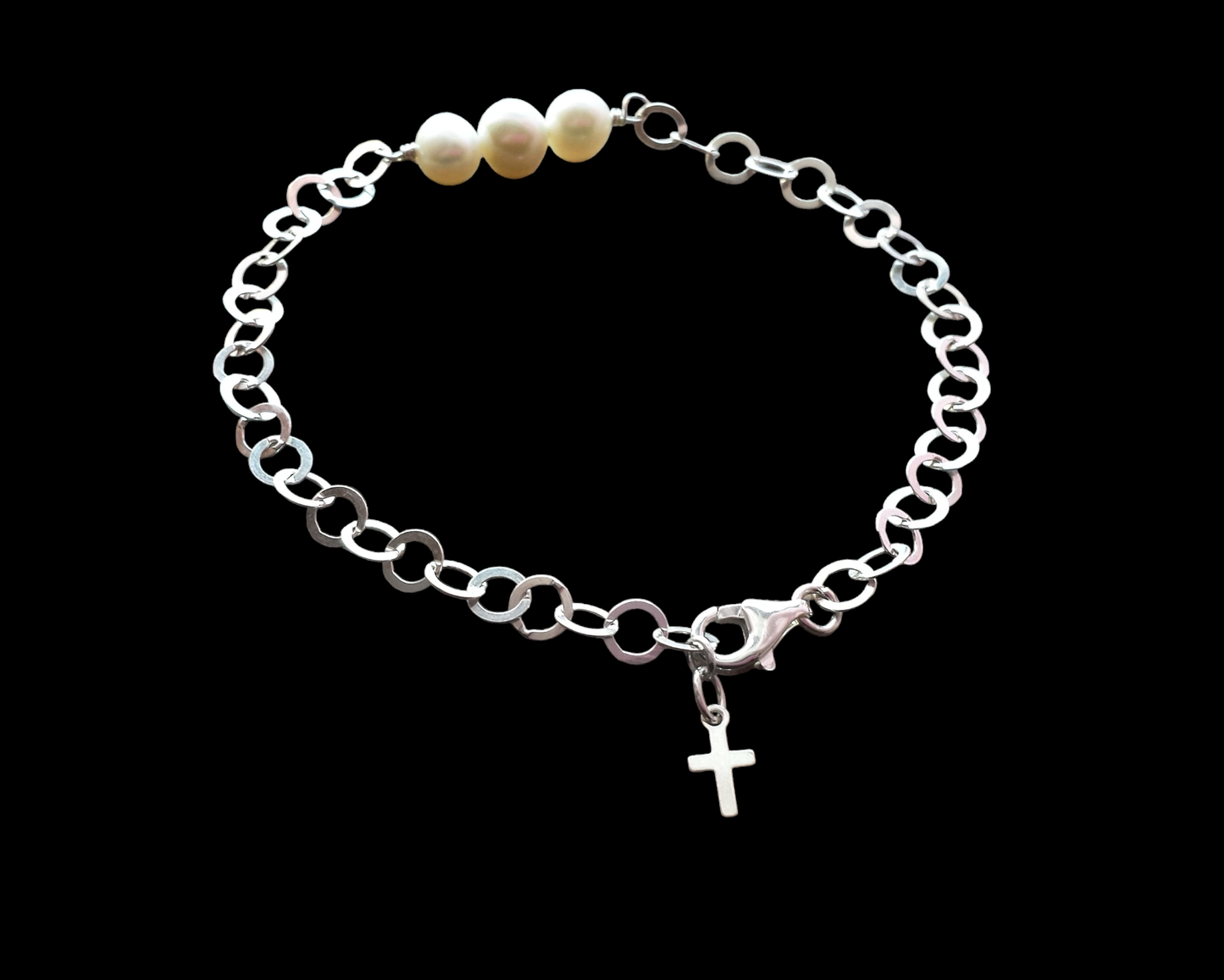 Pearl Trinity Cross Bracelet-Adjustable, Three White Freshwater Cultured Pearls-Sterling Silver-Small Cross Dangle and Lobster Claw Clasp