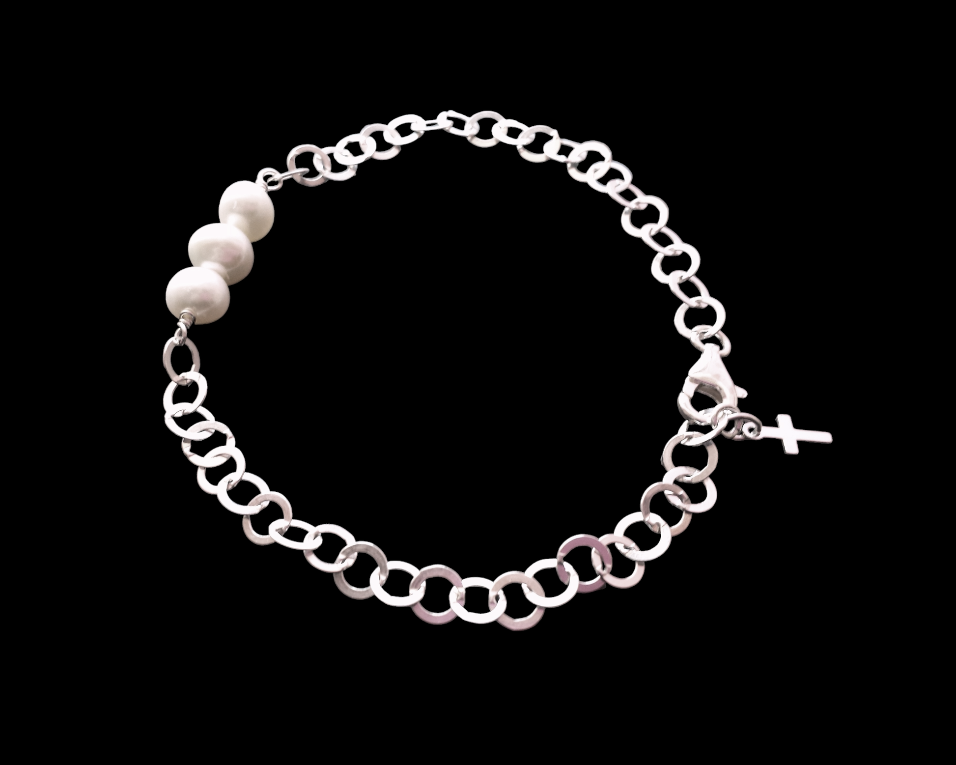 Pearl Trinity Cross Bracelet-Adjustable, Three White Freshwater Cultured Pearls-Sterling Silver-Small Cross Dangle and Lobster Claw Clasp