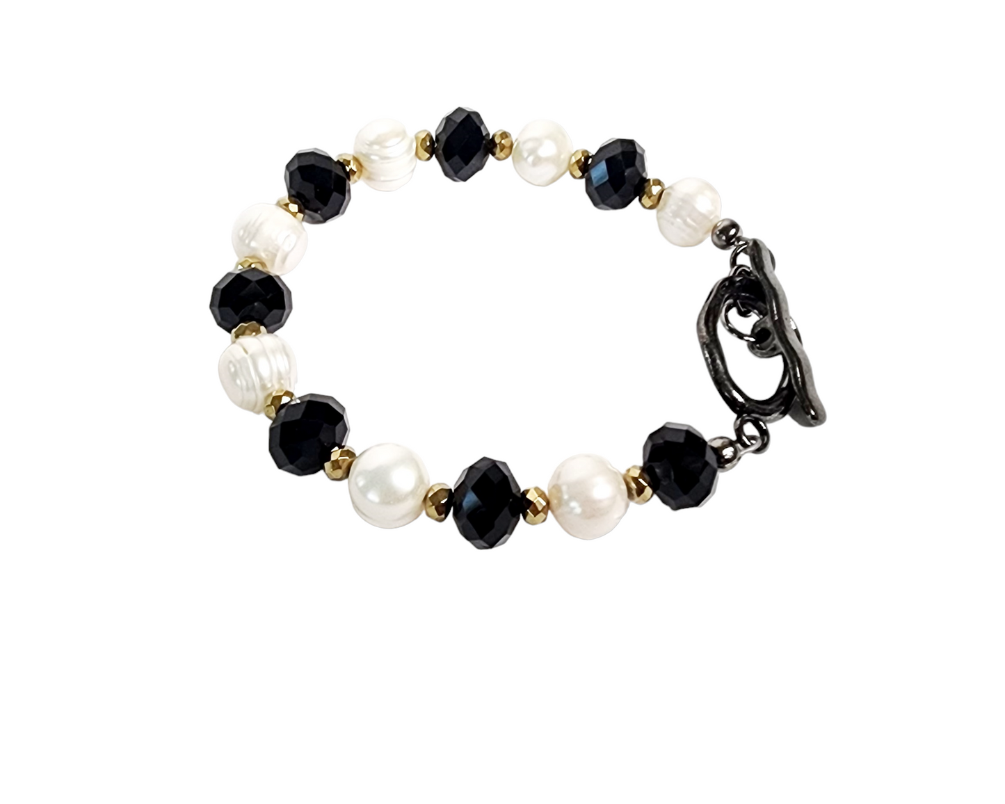 Tuxedo White Freshwater Cultured Pearl Black Crystal Gold Hematite Beaded Bracelet
