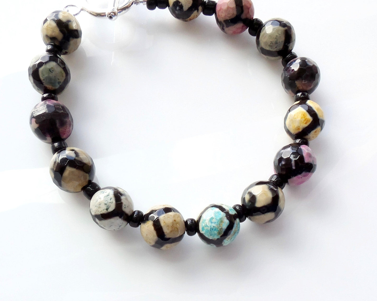 Tibetan Style Etched Agate Beaded Bracelet, Black and Multi color stones beads with round solid Sterling Silver Toggle clasp