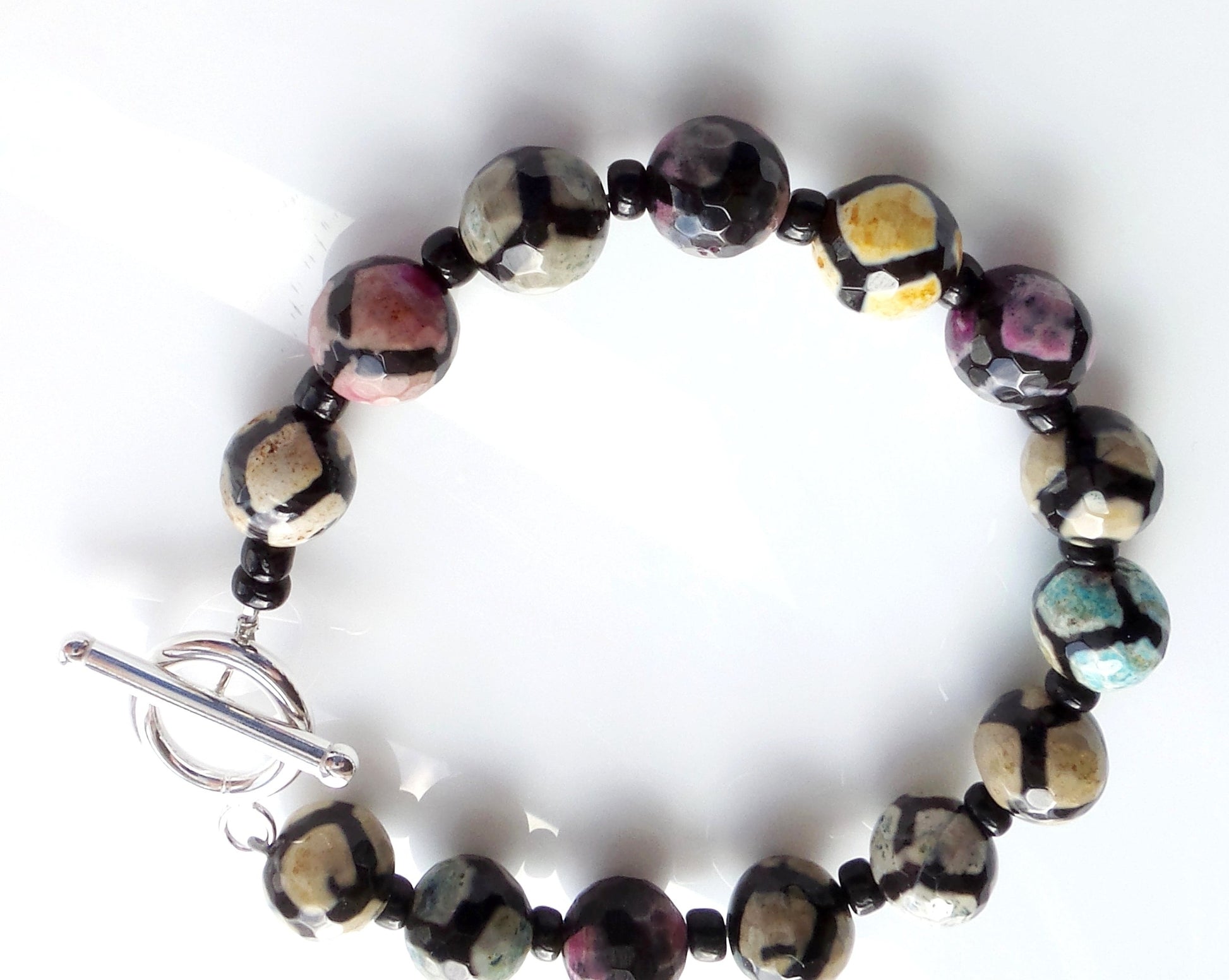 Tibetan Style Etched Agate Beaded Bracelet, Black and Multi color stones beads with round solid Sterling Silver Toggle clasp