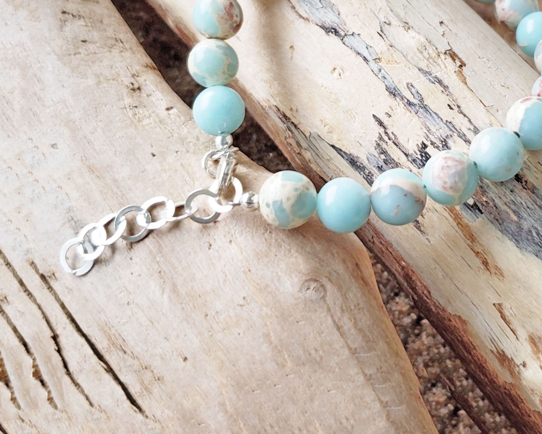  Aqua blue Sea Sediment Jasper Beaded Bracelet. Sterling Silver, Lobster Claw Clasp and Extension chain. 