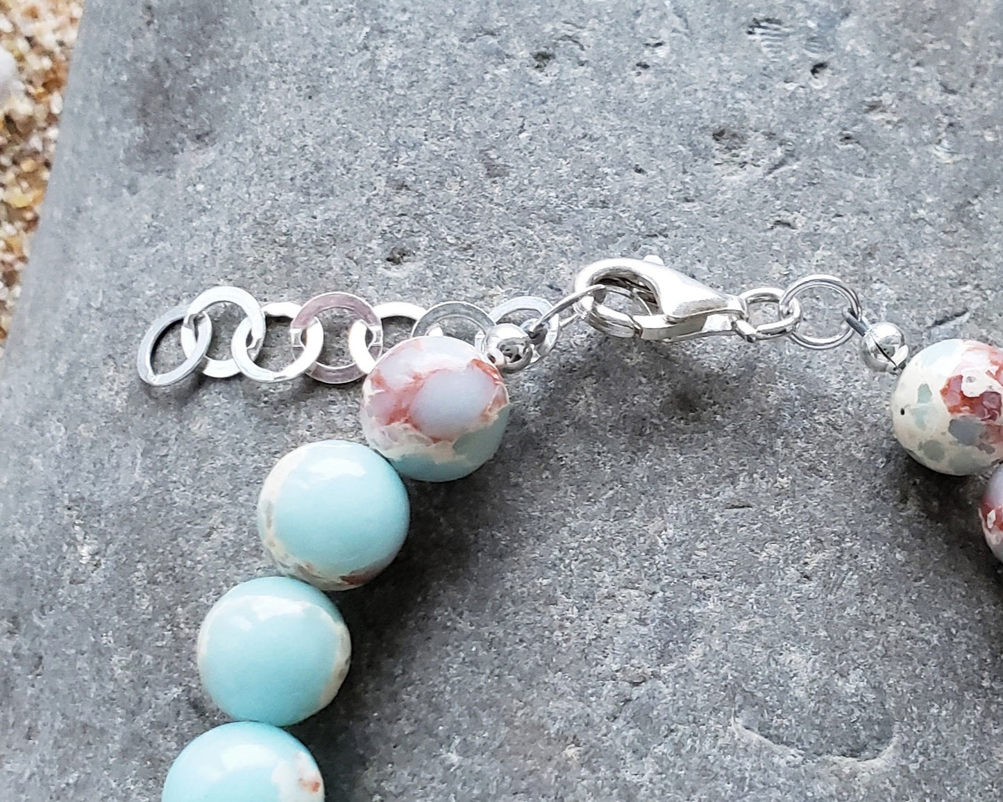 Aqua blue Sea Sediment Jasper Beaded Bracelet, Impression Jasper Sterling Silver, Adjustable with Lobster Claw clasp and Extension Chain