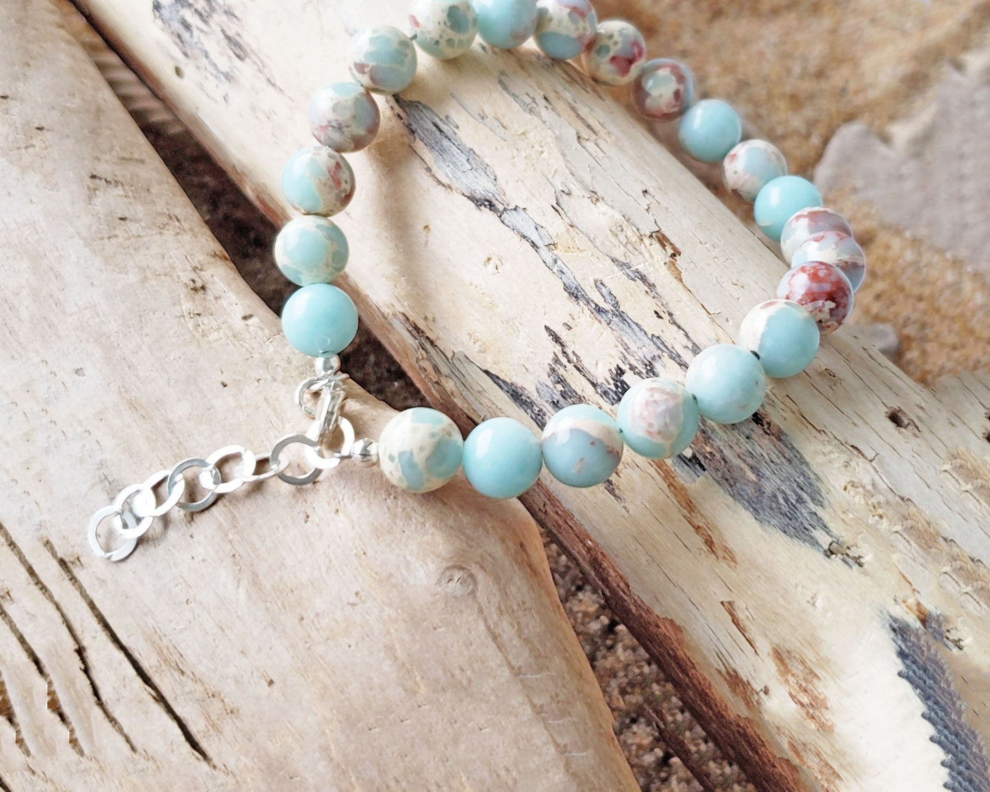 Aqua blue Sea Sediment Jasper Beaded Bracelet, Impression Jasper Sterling Silver, Adjustable with Lobster Claw clasp and Extension Chain