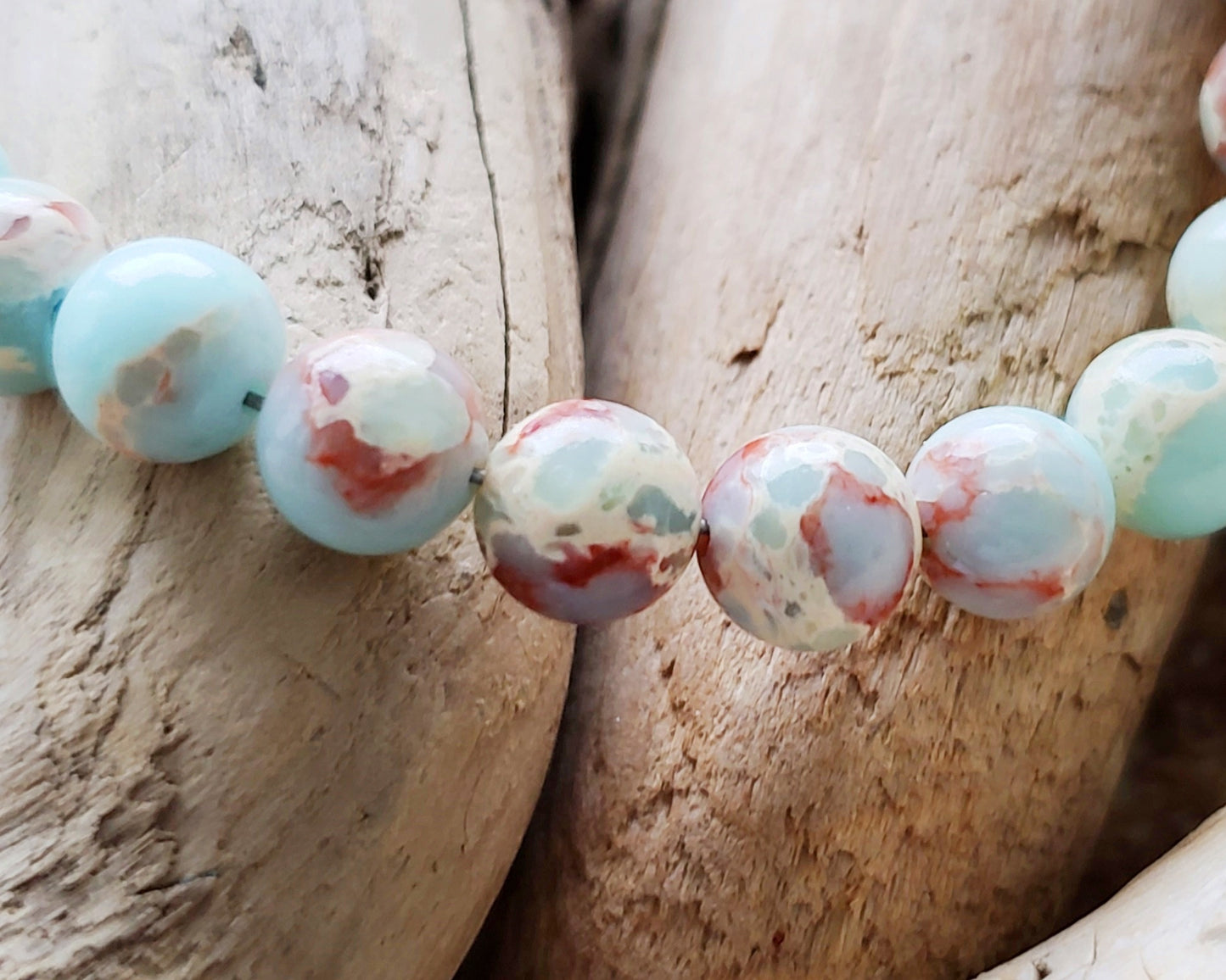 Aqua blue Sea Sediment Jasper Beaded Bracelet, Impression Jasper Sterling Silver