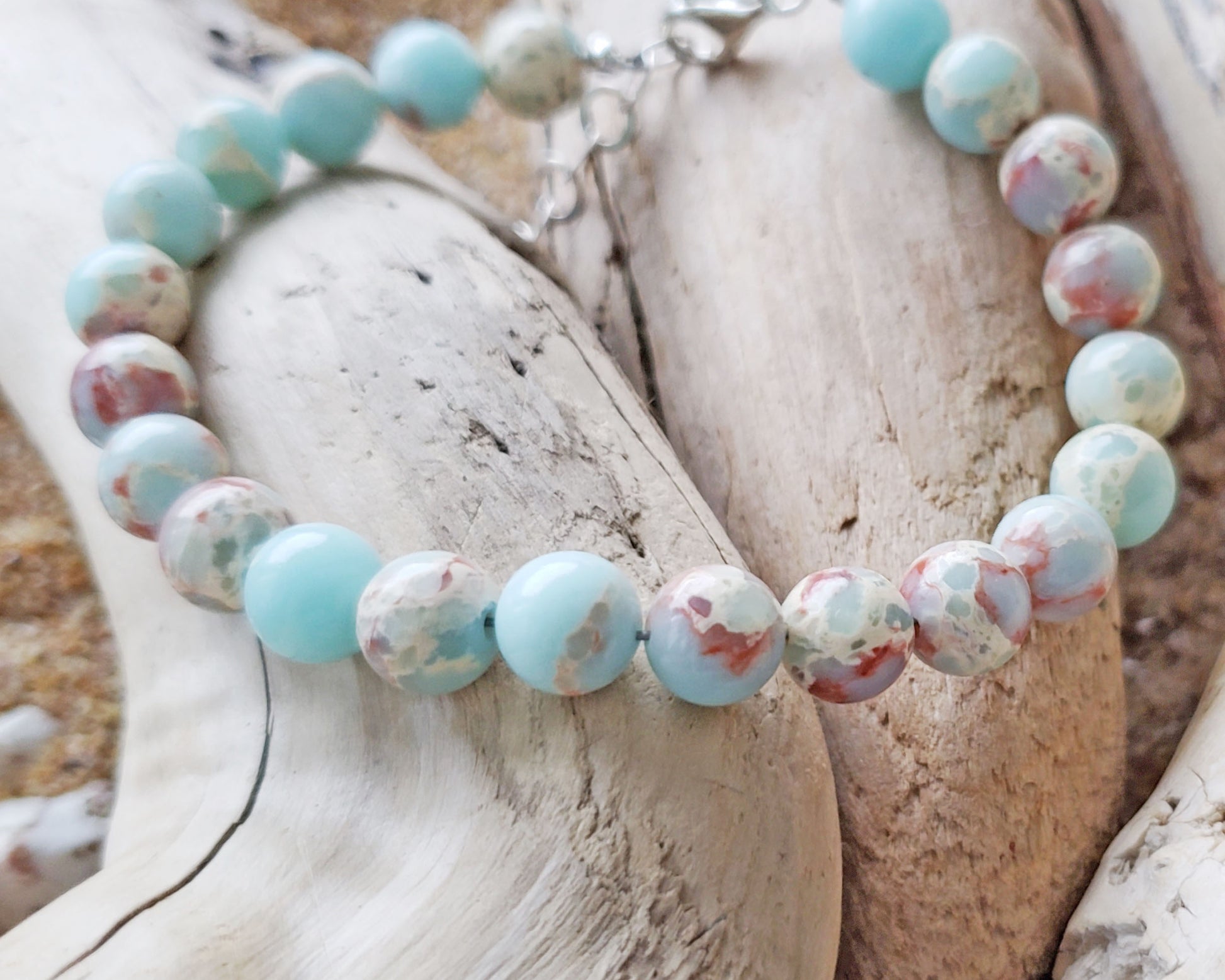 Aqua blue Sea Sediment Jasper Beaded Bracelet, Impression Jasper Sterling Silver, Adjustable with Lobster Claw clasp and Extension Chain