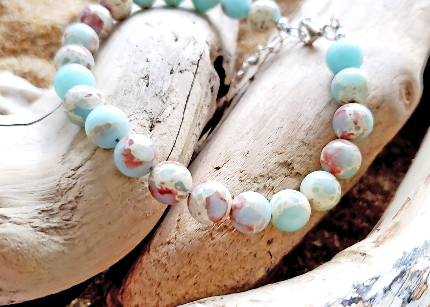 Aqua blue Sea Sediment Jasper Beaded Bracelet, Impression Jasper Sterling Silver, Adjustable with Lobster Claw clasp and Extension Chain