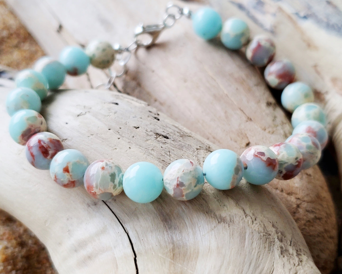 Aqua blue Sea Sediment Jasper Beaded Bracelet, Impression Jasper Sterling Silver, Adjustable with Lobster Claw clasp and Extension Chain