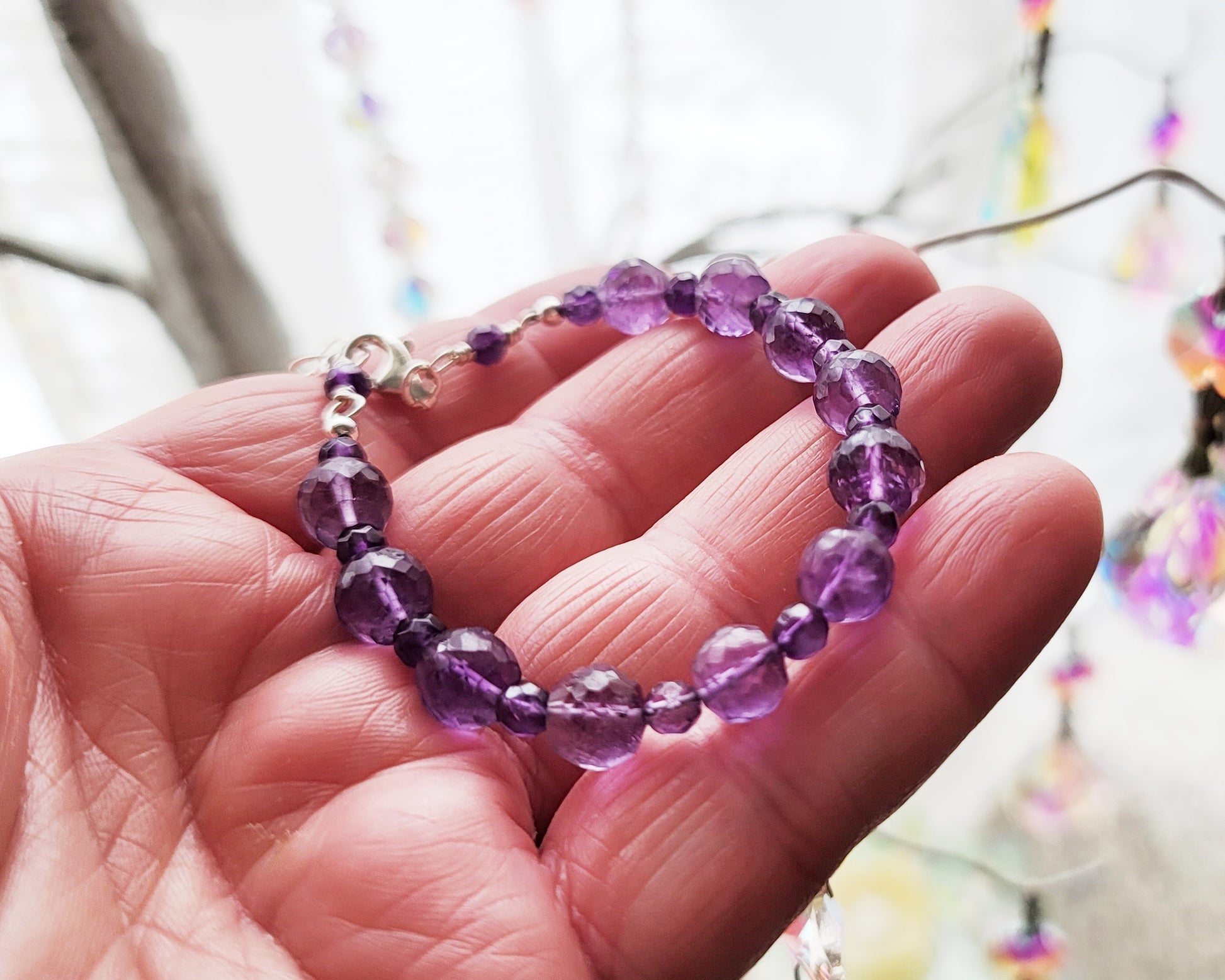 Amethyst  Beaded Bracelet with Sterling Silver