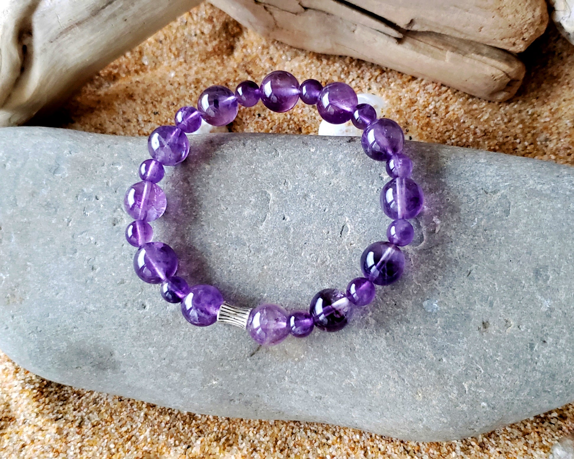 Beaded Amethyst Bracelet, pale purple translucent Amethyst stones with silver tube bead.