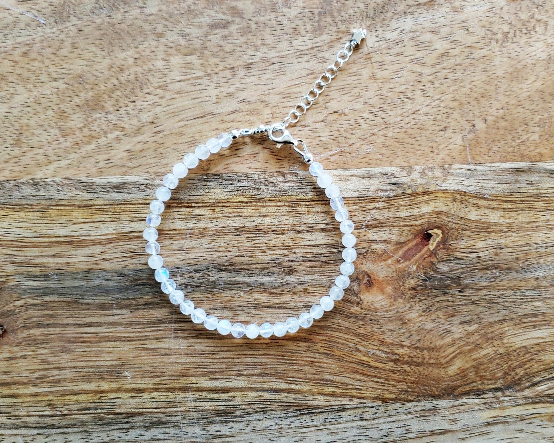 Rainbow Moonstone beaded bracelets, minimalist style with Sterling Silver lobster claw clasp, extension chain and Star pendant. 