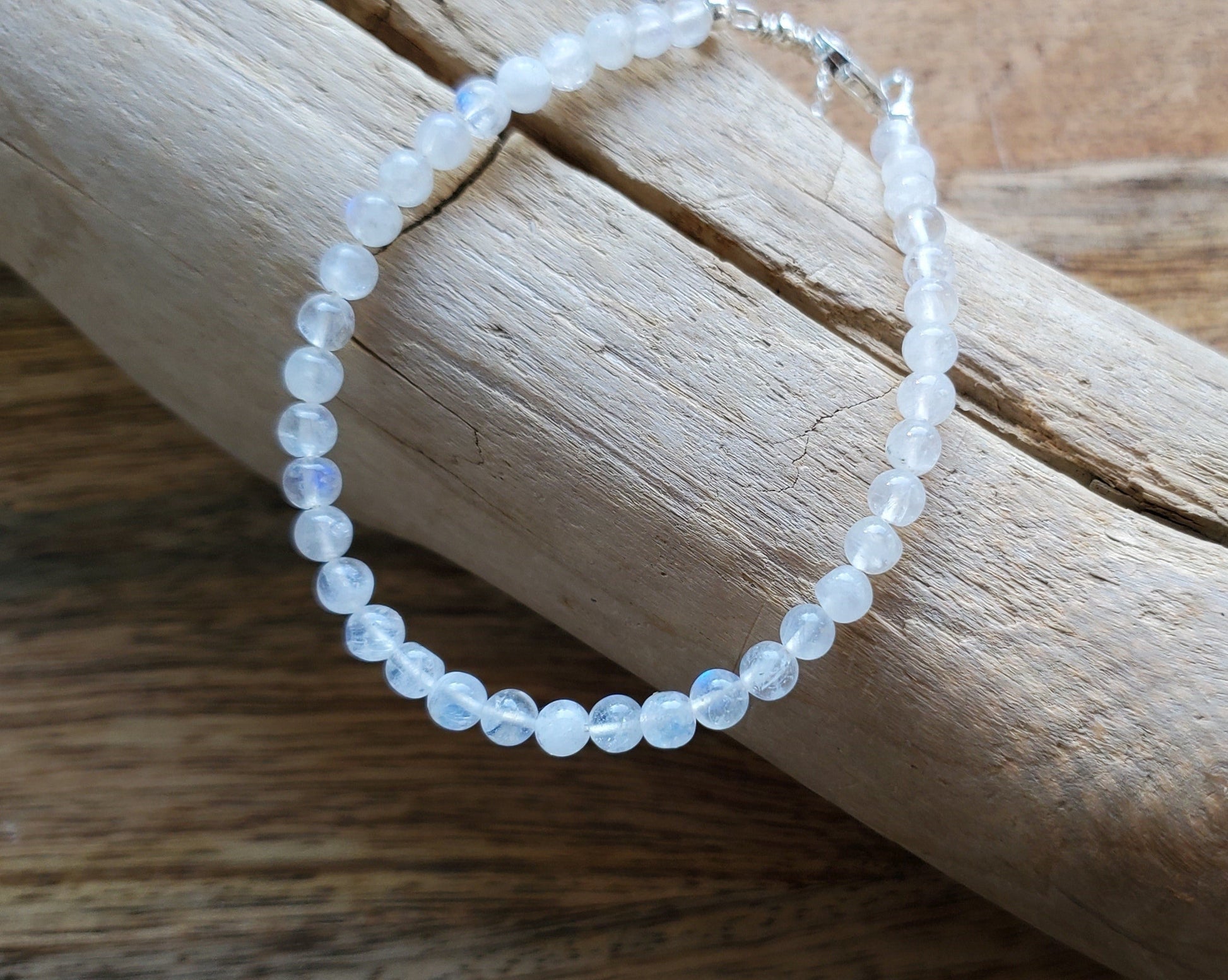 Rainbow Moonstone beaded bracelets, minimalist style with Sterling Silver lobster claw clasp, extension chain and Star pendant. 