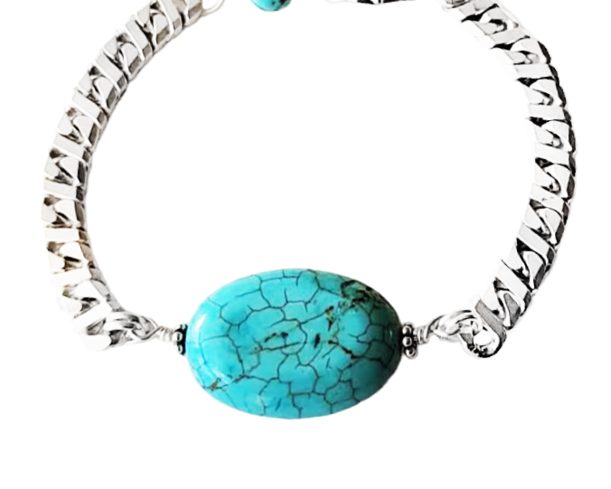 Eco Friendly Sterling Silver Turquoise Bracelet-Thick Sterling Silver Chain and an oval shaped Turquoise Stone in the centered, it has an Extension chain to make it Adjustable