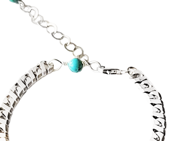 Eco Friendly Sterling Silver Turquoise Bracelet-Thick Sterling Silver Chain, it has an Extension chain to make it Adjustable