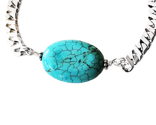 Eco Friendly Sterling Silver Turquoise Bracelet-Thick Sterling Silver Chain and an oval shaped Turquoise Stone in the centered, it has an Extension chain to make it Adjustable