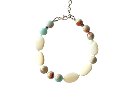 Eco Friendlier Vintage Mother of Pearl & Imperial Jasper Peace Bracelet- Morse Code