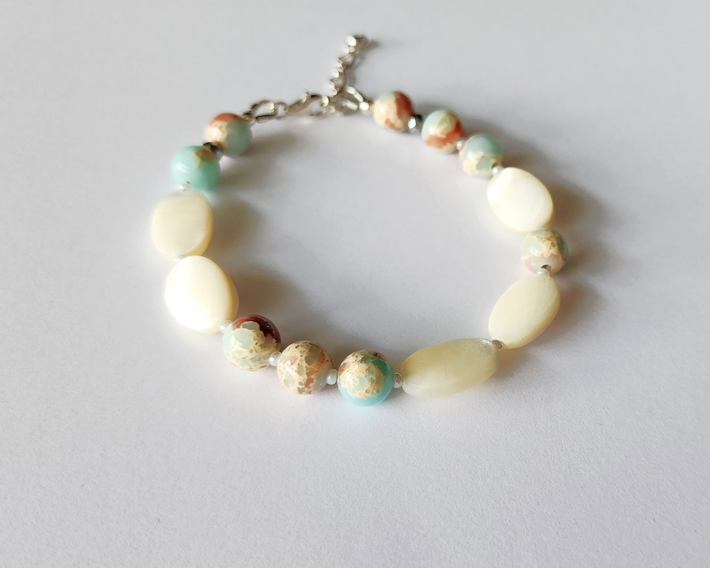 Eco Friendlier Vintage Mother of Pearl & Imperial Jasper Peace Bracelet- Morse Code