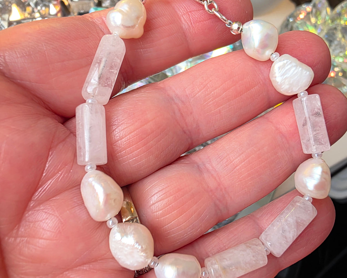 Rose Quartz & Freshwater Cultured Pearl PEACE bracelet, Morse Code spells PEACE with Pale Pink stones white Pearls & 925 Sterling Silver on Hand