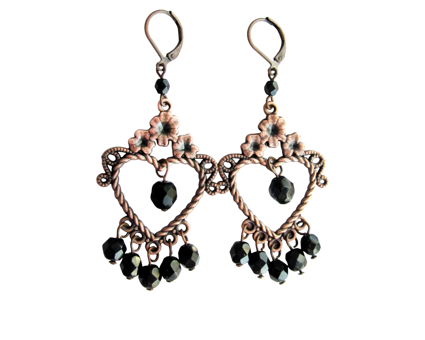 Large Antiqued Copper Heart Chandelier Earrings with Floral Designs and  Black Sparkly crystal dangles. 