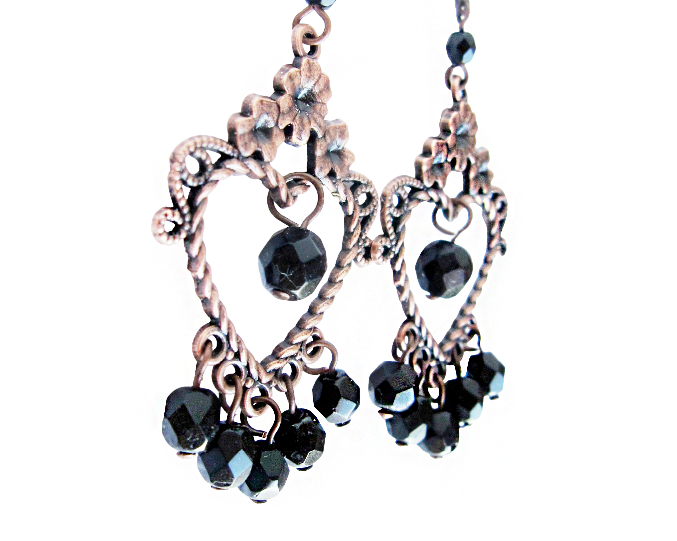 Large Antiqued Copper Heart Chandelier Earrings with Floral Designs and  Black Sparkly crystal dangles. 