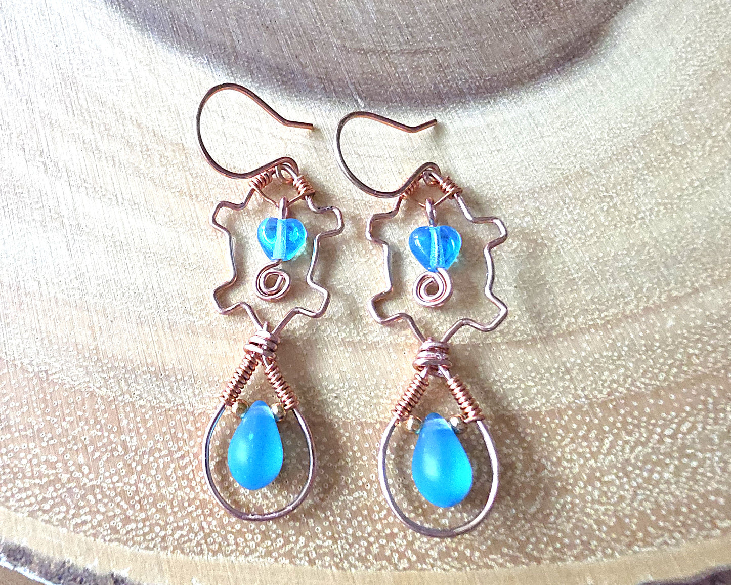 Long Copper Aqua Blue Beaver Heart Eternity Earrings