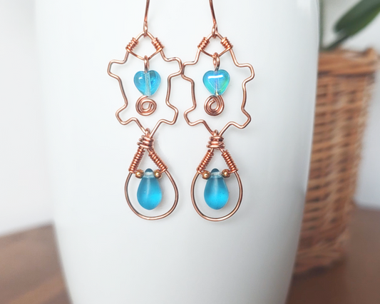 Long Copper Aqua Blue Beaver Heart Eternity Earrings